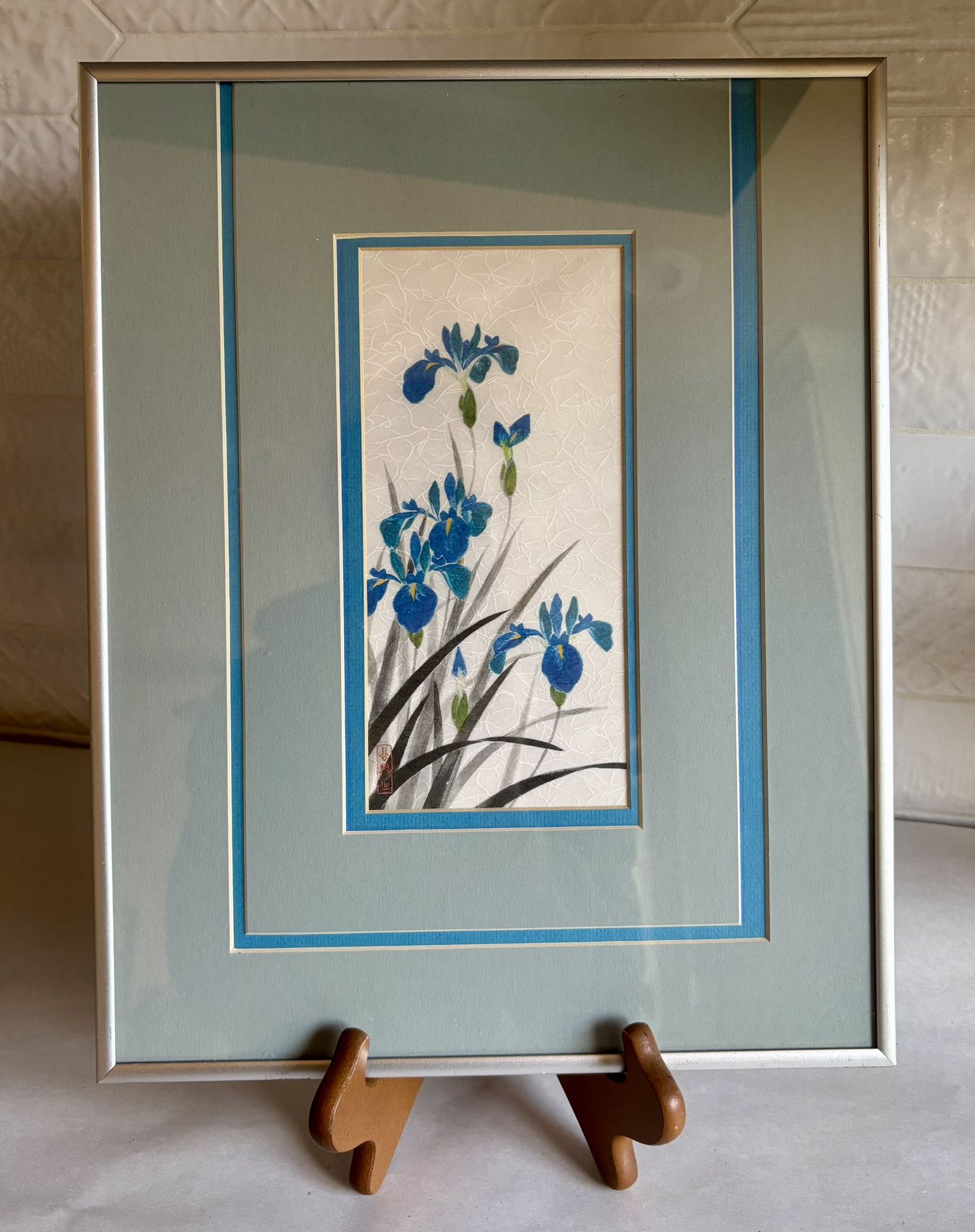 Vintage Silver Framed Blue Iris Art Piece