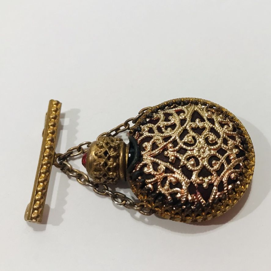 Vintage From 1930's Miniature Scent Perfume Bottle Brooch Gold