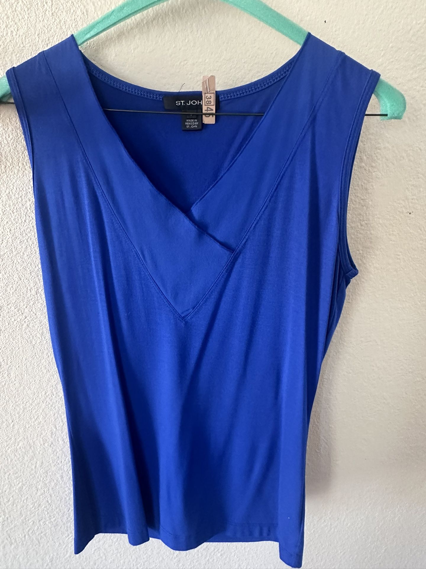 St John Womens Blue Top, Sleeveless, V neck with silk trim, Size P