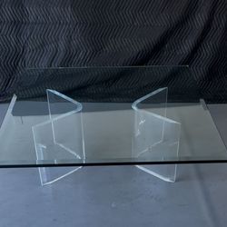 “LIKE NEW”✨Vintage Contemporary Coffee Tableu w/ 42” Square Glass Top & Lucite Base