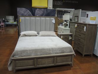 Kincaid Urban 3 Piece Panel King Bedroom Set - Weathered Gray-Brown Harvest Finish With Oatmeal Upholstered Headboard