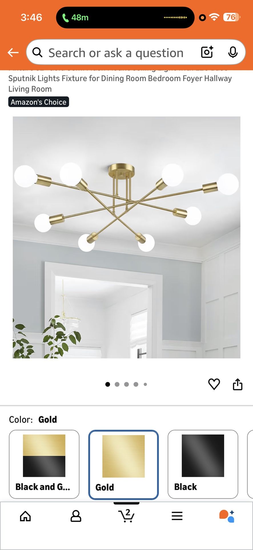 Modern Sputnik Chandelier 8-Light Industrial Ceiling Lights Fixture 24”-Gold Semi Flush Mount Ceiling Light with E26 Base Sputnik Lights Fixture for