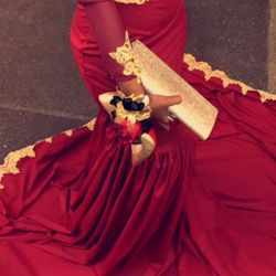 Red CUSTOM PROM DRESS WITH GOLD DETAILING 