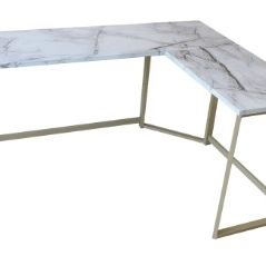 New In Box_White Faux Marble Print L-Shape Writing Desk. Not Assembled