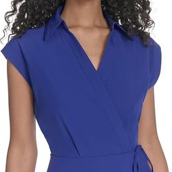 Calvin Klein Women’s Cap Sleeve Collared Midi Shirtdress – Tie Waist, Size 4, Blue, New