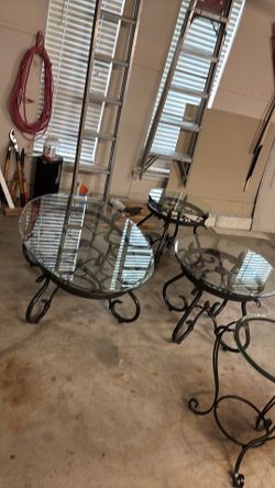 Set of 4 iron base glass coffee and side tables