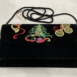 Carla Marchi black velvet clutch purse with embroidered Christmas tree and ornaments.
