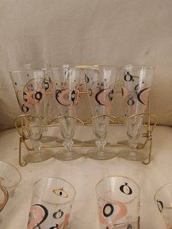 Rare Vintage Mid-century Atomic Pink Black Gold 10 Piece Glass Set With Holder