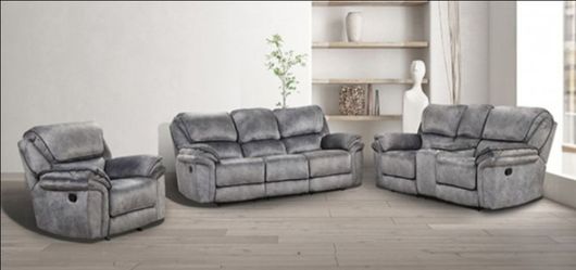 Brand New Grey Super Plush Leather 3pc Reclining Sofa Set