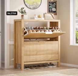 Fluted Shoe Cabinet Storage with 2 Flip Drawers . Freestanding Shoe Organizer ,Oak