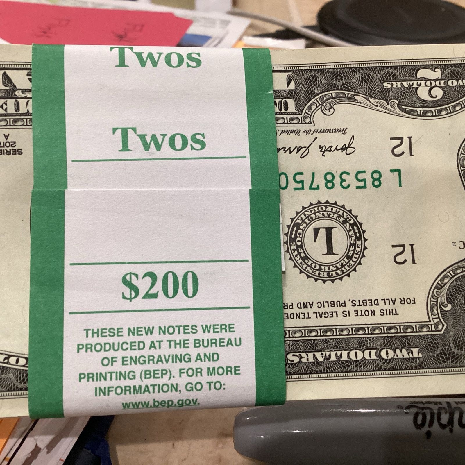 2 (Two) Dollar Bills In Sequence 100 Pieces With Federal Reserve Wrap