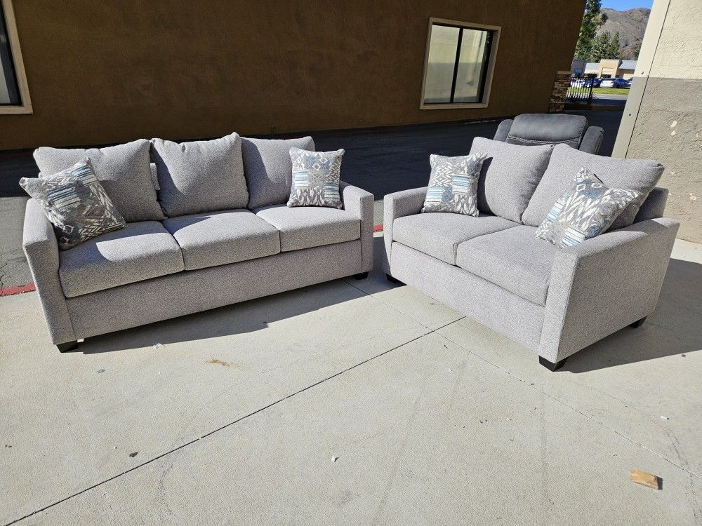 Brand New Sofa And Love Seat Grey Fabric W/ Pillows $998 FREE LOCAL DELIVERY