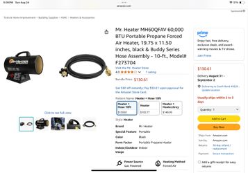 Mr. Heater MH60QFAV 60,000 BTU Portable Propane Forced Air Heater, 19.75 x 11.50 inches, black & Buddy Series Hose Assembly - 10-ft., Model# F273704