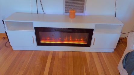 White TV Stand with Electric Fireplace & Heater