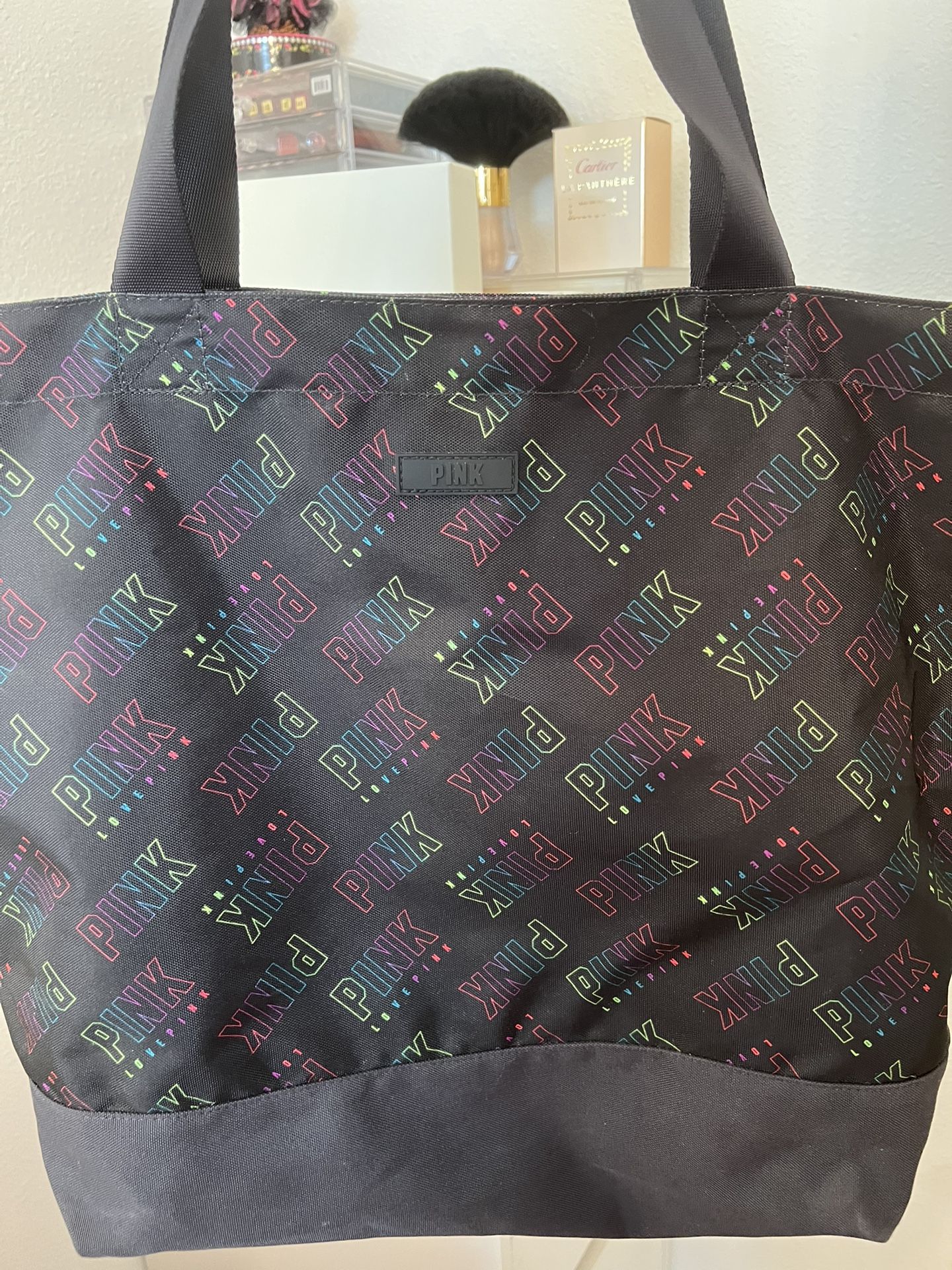 Victoria's Secret PINK Brand Black Tote Bag with Pink Logo Print