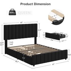 Black Queen Linen Upholstered Bed Frame with 4 Storage Drawers, Adjustable Headboard, Sturdy Wooden Slats, No Box Spring Required, Easy Assembly
