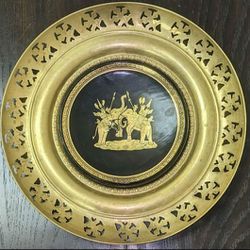Antique Burmese Lacquered Plate Mounted on Pierced Brass Charger Made in England