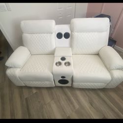 WHITE LEATHER loveseat W/ Speakers & LED’s