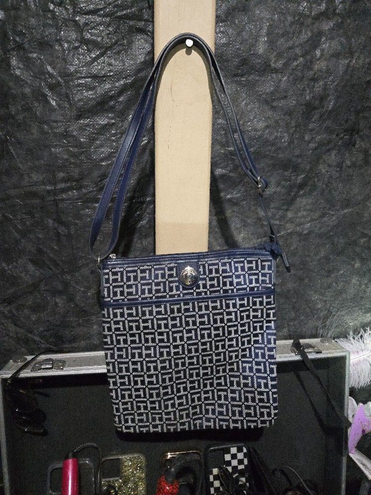 Tommy Hilfiger crossbody blue adjustable leather trim shoulder strap