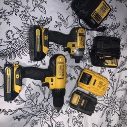 Two Dewalt Drills Each With Spare battery And Charger 
