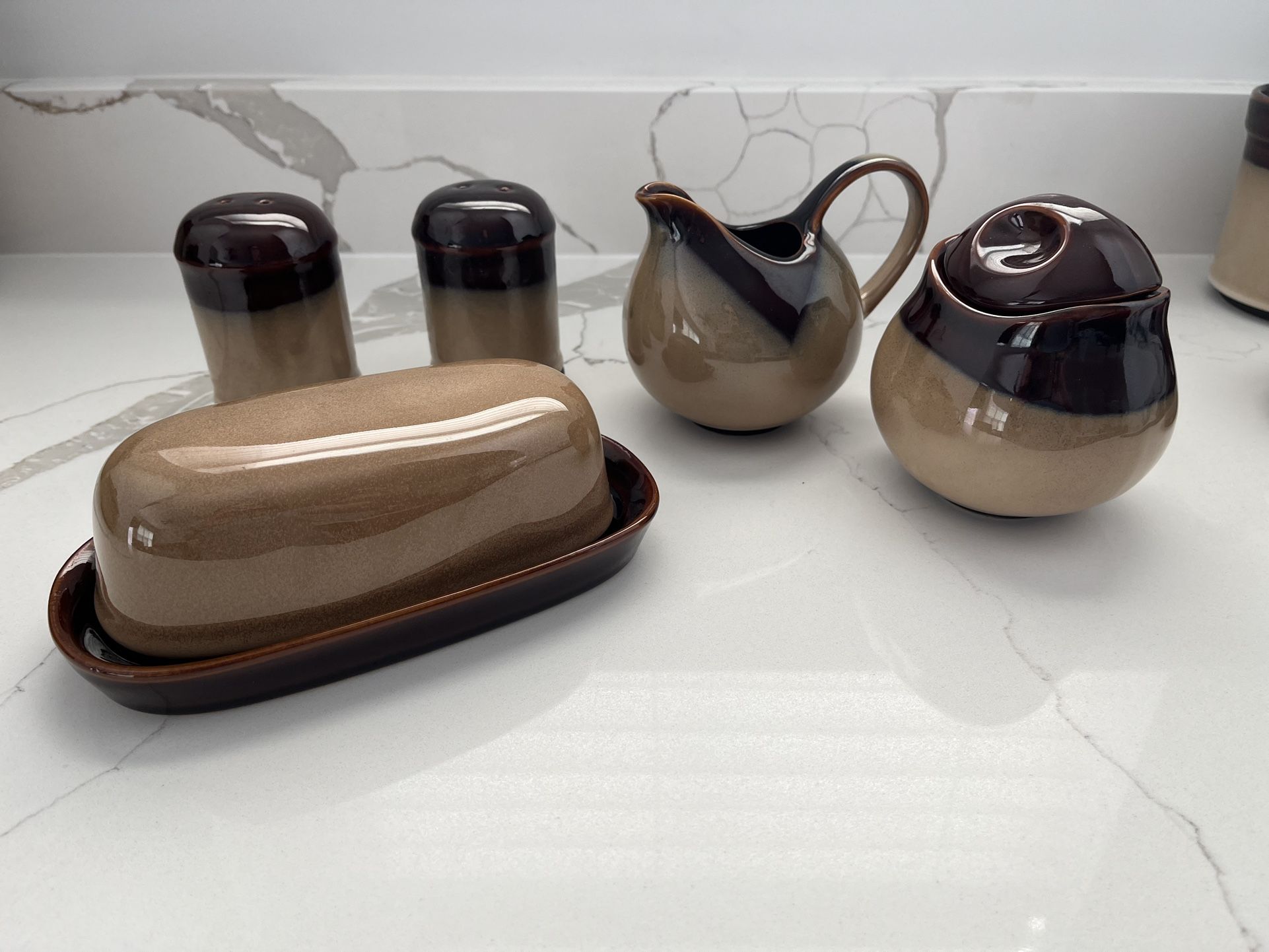 Sango Nova Brown salt/pepper shaker, butter dish, sugar/creamer dishes - *Best Offer, Not Free*