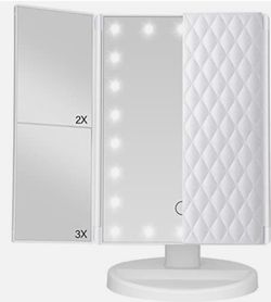 Makeup Mirror with LED Lights for Makeup Desk - Lighted Makeup Mirror with Magnification - Tri-Fold Personal Light Mirror with Stand