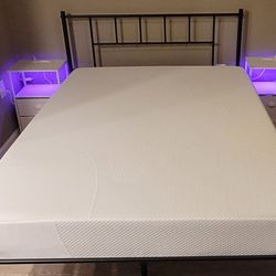 Full Size Steel Bed Frame With 9" Memory Foam  Mattress And Two (2) Matching Lighted/powered Night Stands