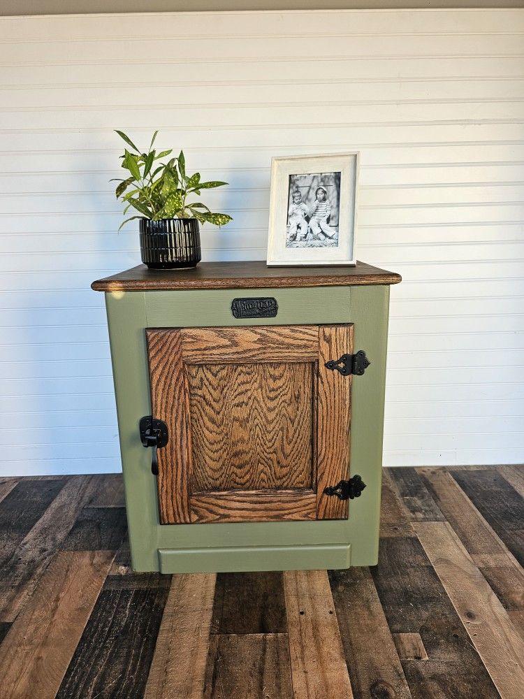 Vintage White Clad End Table Solid Wood . Upgraded with New Paint Green Sage & Dark Walnut Stain 