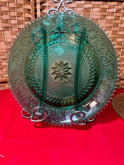 Vintage Tiara Indiana Glass Chantilly Green Sandwich 3-Part Relish Tray 12"-$28 CASH