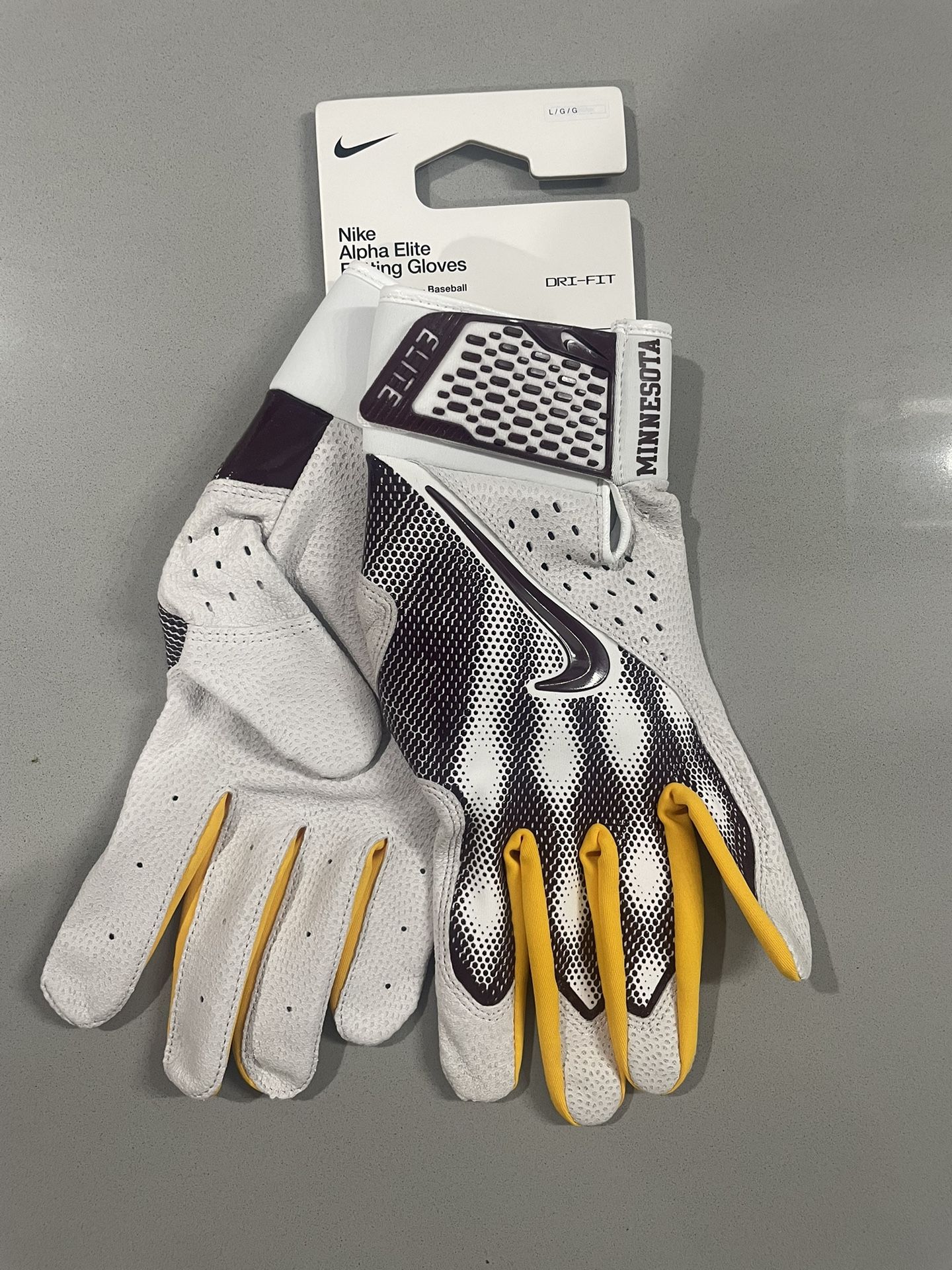 NEW! Minnesota Gophers Nike Alpha Elite Batting Gloves Dri-Fit Large FB4178-148  Brand new 100% authentic! Check out photos for further details and fe