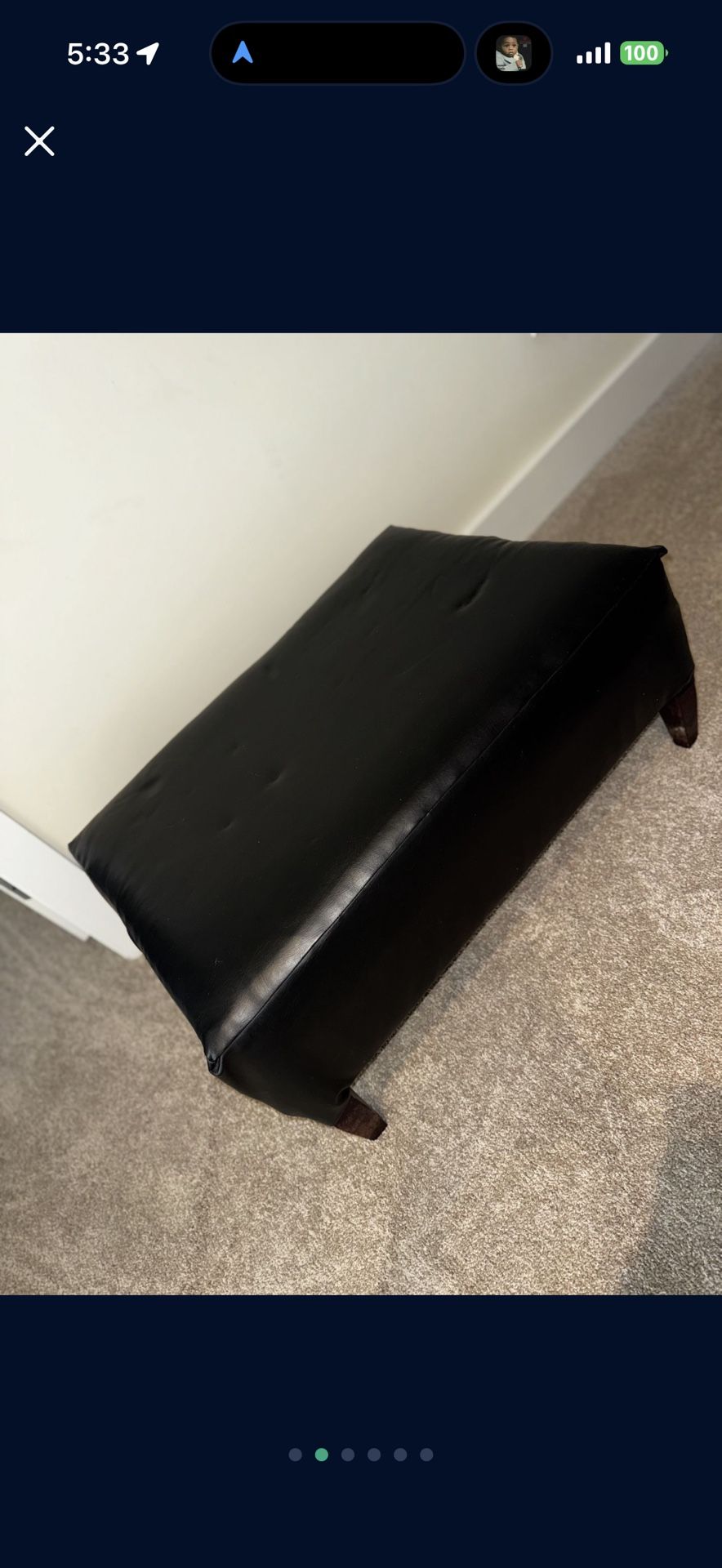 Small Black Leather Bench Ottoman With Brown Wooden Legs