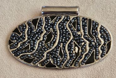 Oval Black Beaded Silver Tone Pendant
