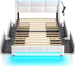Rolanstar Twin Size Bed Frame with LED Lights and Charging Station, Upholstered Bed Storage Headboard & Drawers, Heavy Duty Wood Slats, Easy Assembly,