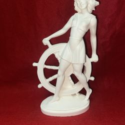 8.75 Inch Alabaster Greek Woman With Ship Wheel Statue Imported From Greece