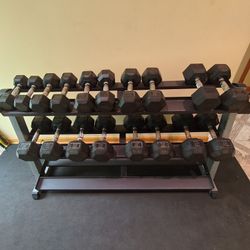 Used Worn 10lb Thru 50lb Rubber Hex Dumbbell Set With Body Solid Rack 