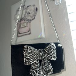 Black Rhinestone Bow Evening Bag/Clutch with Silver Chain