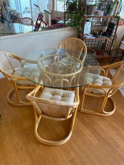 Handmade Rattan Dining Set – 4 Chairs + Glass Table (48” Diameter) –  Good Condition