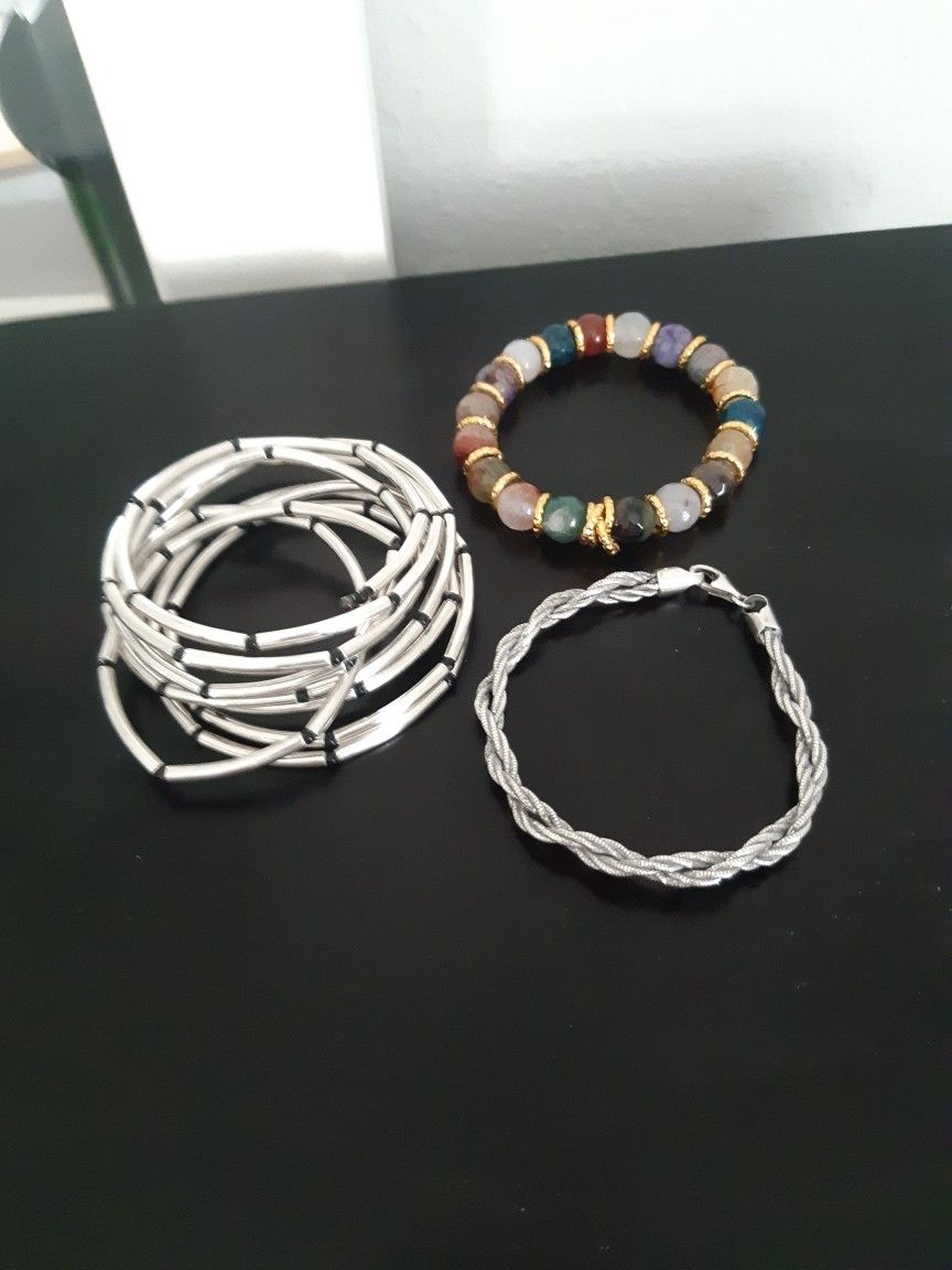Brand New Real Stones Customized Bracelet $27 And 925 Itaky Sterling Silver Used Rope Bracelet $80 & Silver Adjustaboe Bracelet $10