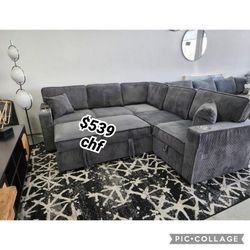 Gray corduroy sectional sleeper sofa with pull out bed 
