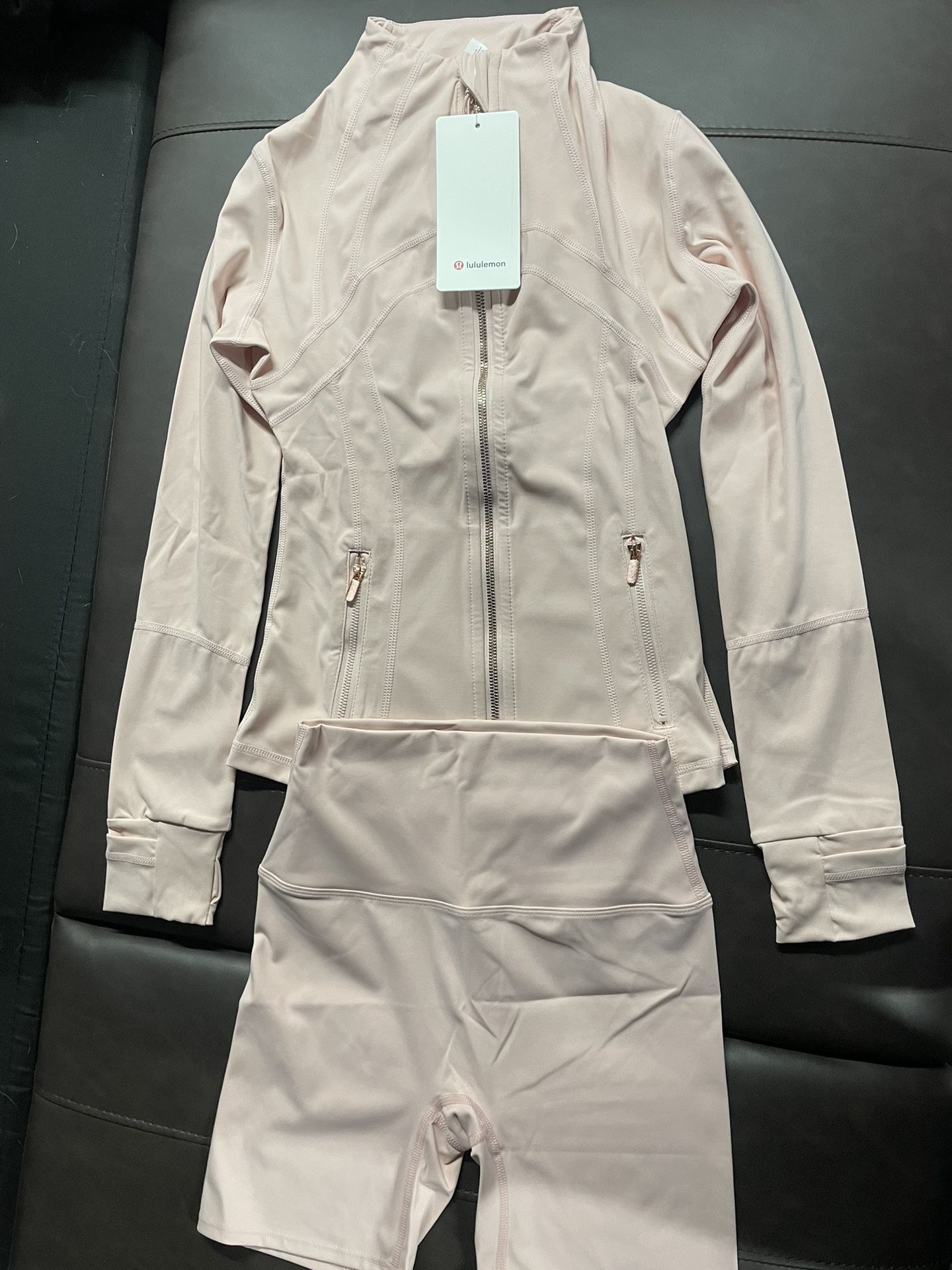 pink lululemon define jacket & shorts
