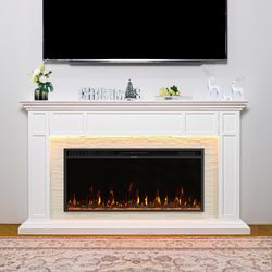69" Electric Fireplace with Mantel, Fireplace TV Stand with 42" Fireplace Insert for Livingroom/Bedroom, Realistic 3D Flame & 15 LED Colors, Remote Co