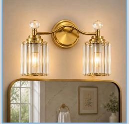 2-Light Bathroom Light Fixture Over Mirror, Gold Brass Vanity Light With Crystal Shade, Modern Bathroom Lighting, Crystal Wall Sconce For Bathroom, Po