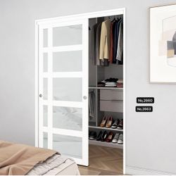 48x80 Sliding Closet Door, 5-Panels Preassembled Frosted Glass Door Panel with Hardware Kits & Matching Fascia, MDF Covered with Water-Proof & Anti-Sc