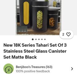 Tahari 3 PC Stainless Steel &Glass Canister Set