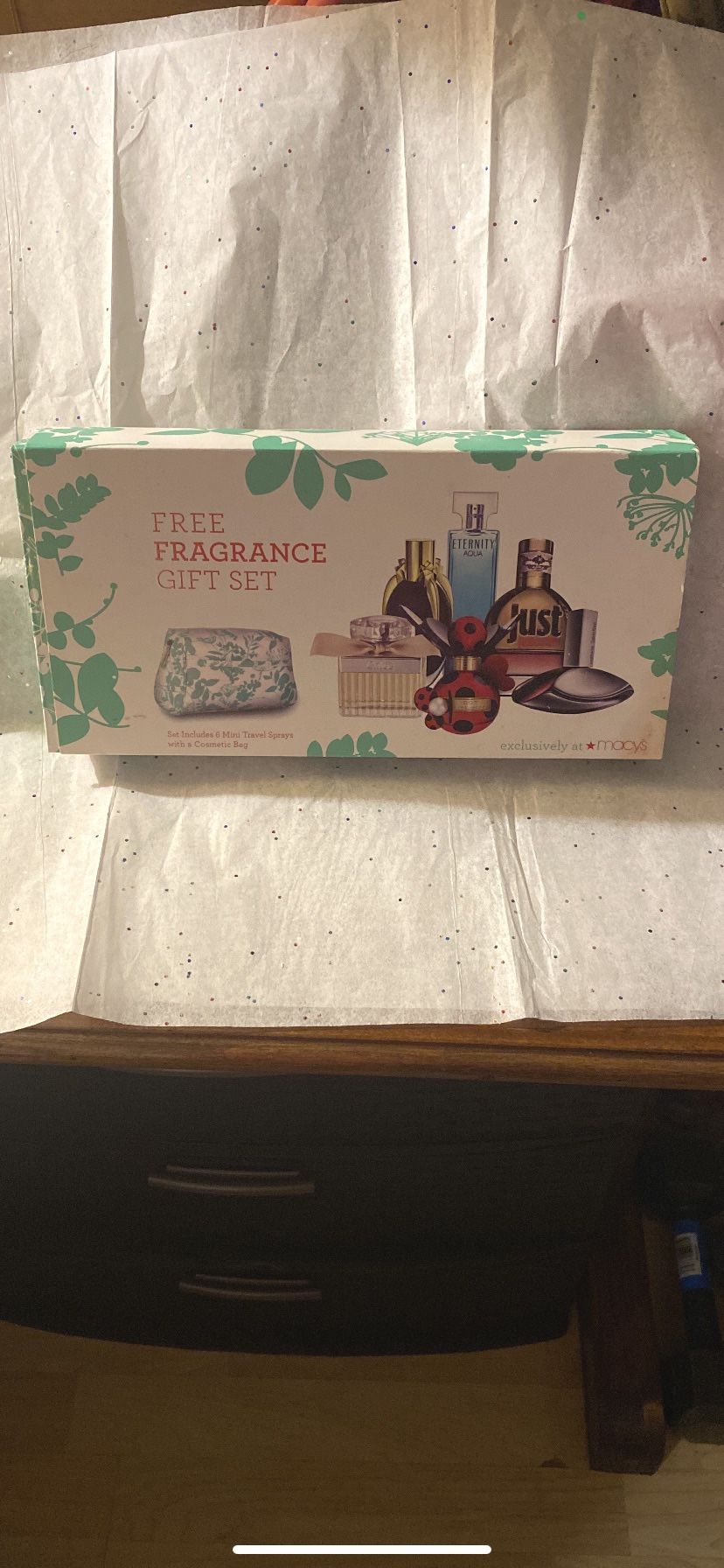 fragrance Gift Set of six Travel Size Mini Perfumes In A Green And White Cosmetic Bag