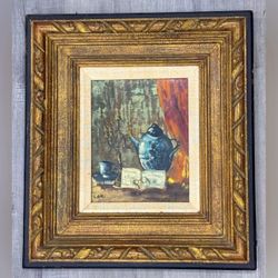 FRAMED Fine Original Art Oil Painting Artist LARI Vintage Los Angeles Antique History The Broadway Collectible Canvas Tea Pot Cup Candelabra Book Spe