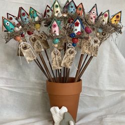 Whimsical Wine Cork  Birdhouse Houseplant Stakes ~ 