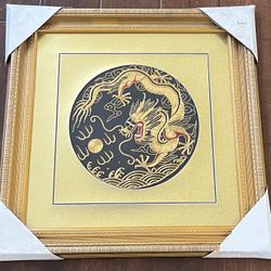 Vtg Chinese Silk Embroidery Dragon Framed with Gold Gilt Frame 19.6 X 19.5