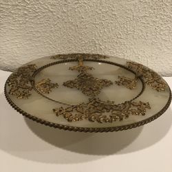 Antique Rare Footed Center Piece Made Of Marble And Bronze Center Piece 12” Wide And 3 “ Height 