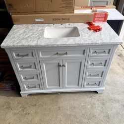 Brand New Bathroom Vanity With Natural Carrara Marble Top, Sink, And Backsplash Set.